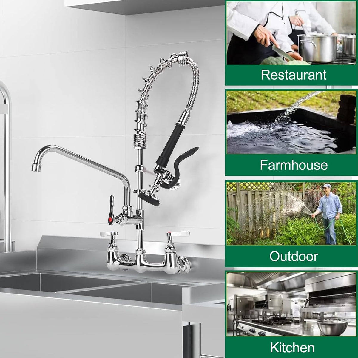 Commercial Kitchen Faucet Wall Mount with Pre Rinse Sprayer, 25" Height 8" Adjustable Center Wall Mount Restaurant Sink Faucet with 12" Swivel Add-on Spout and Pull Down Sprayer