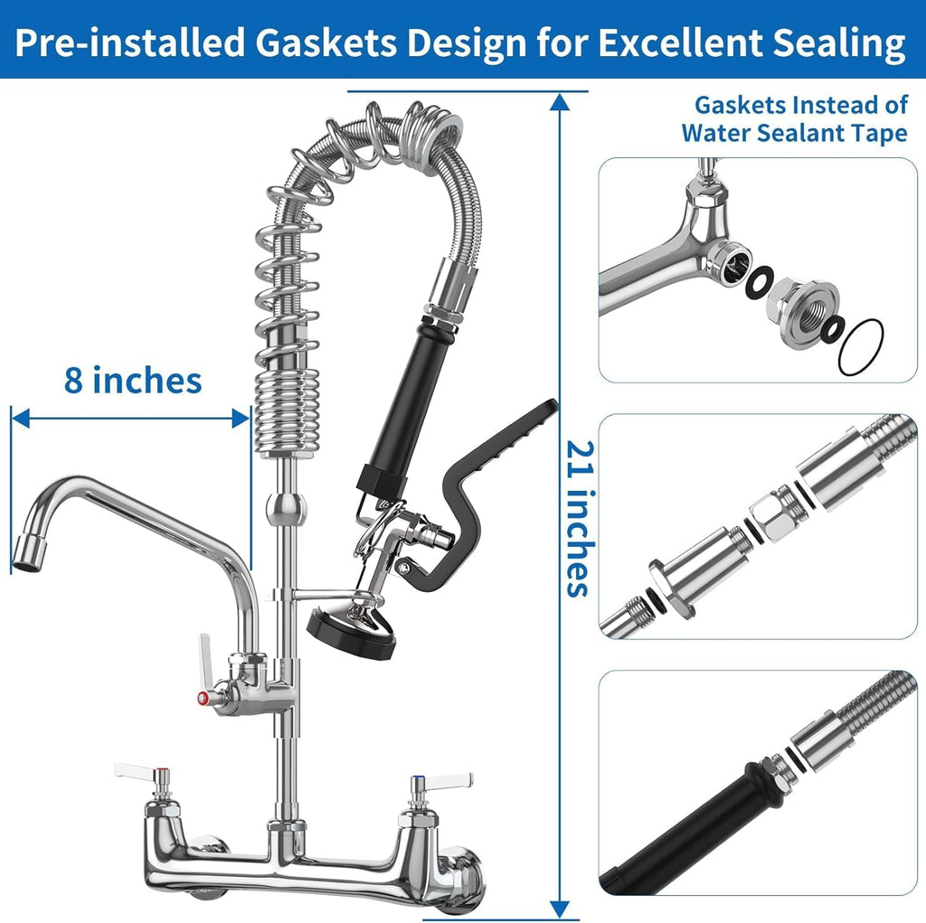 Commercial Wall Mount Kitchen Sink Faucet with Sprayer - 21"" Height 8 inch Center, Add-on 8"" Swing Spout Pre-Rinse Sprayer for 1 or 2 Compartment Sink, KH-KF-002