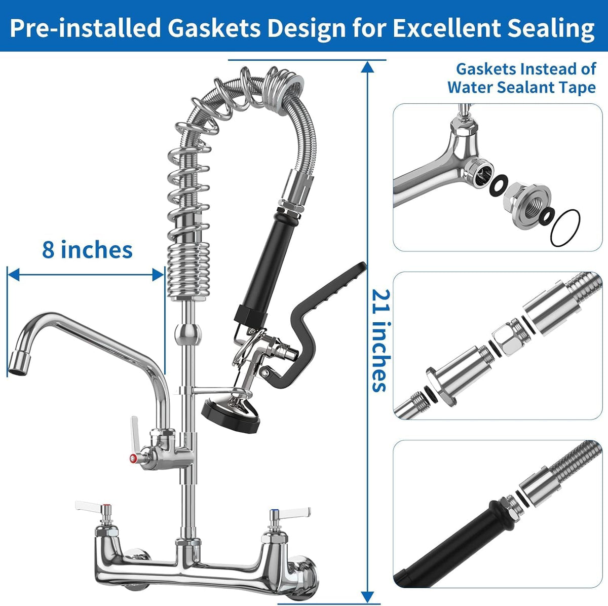 Commercial Wall Mount Kitchen Sink Faucet with Sprayer - 21"" Height 8 inch Center, Add-on 8"" Swing Spout Pre-Rinse Sprayer for 1 or 2 Compartment Sink, KH-KF-002