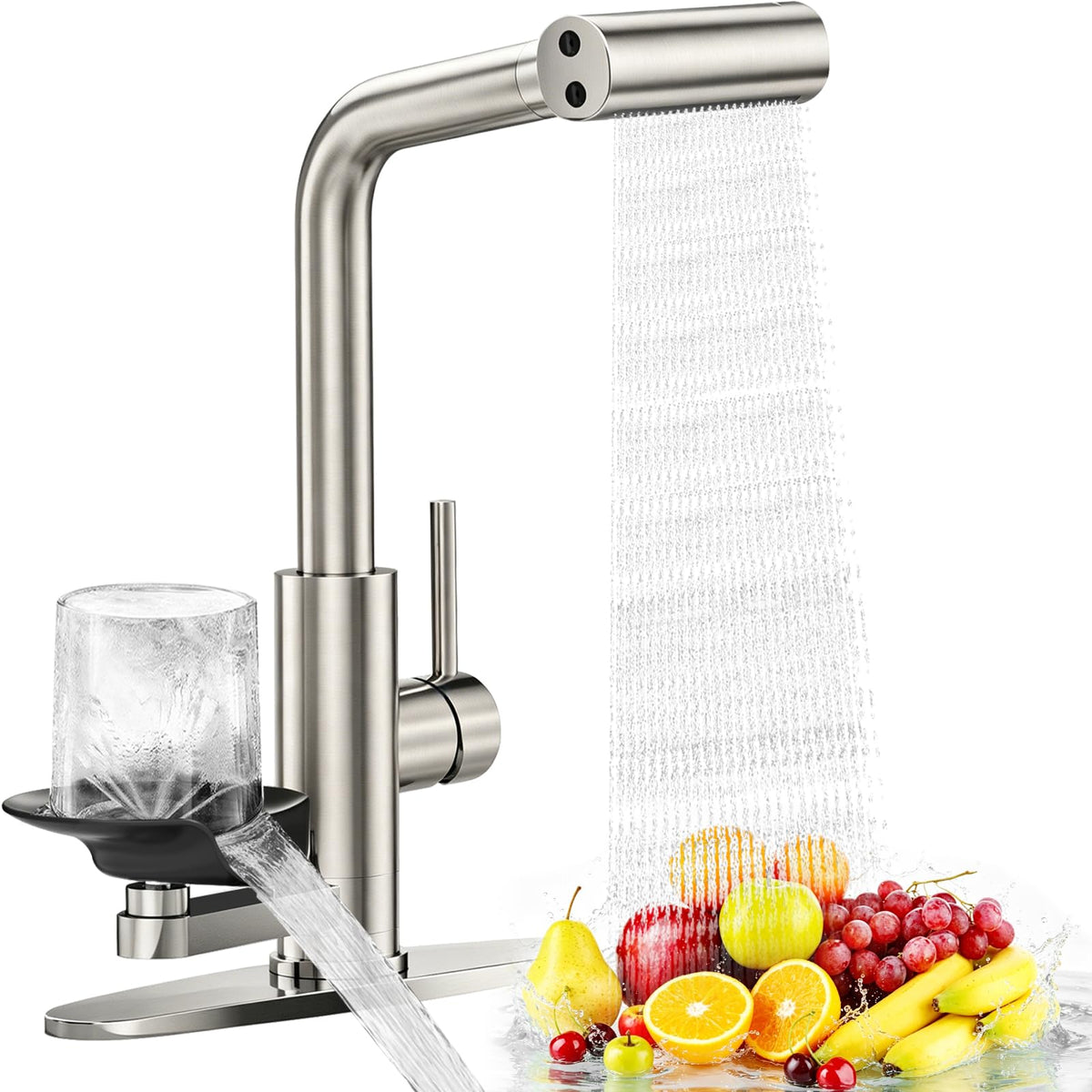 MIAOHUI Brushed Nickel Kitchen Faucet with Glass Rinser, 4 Modes