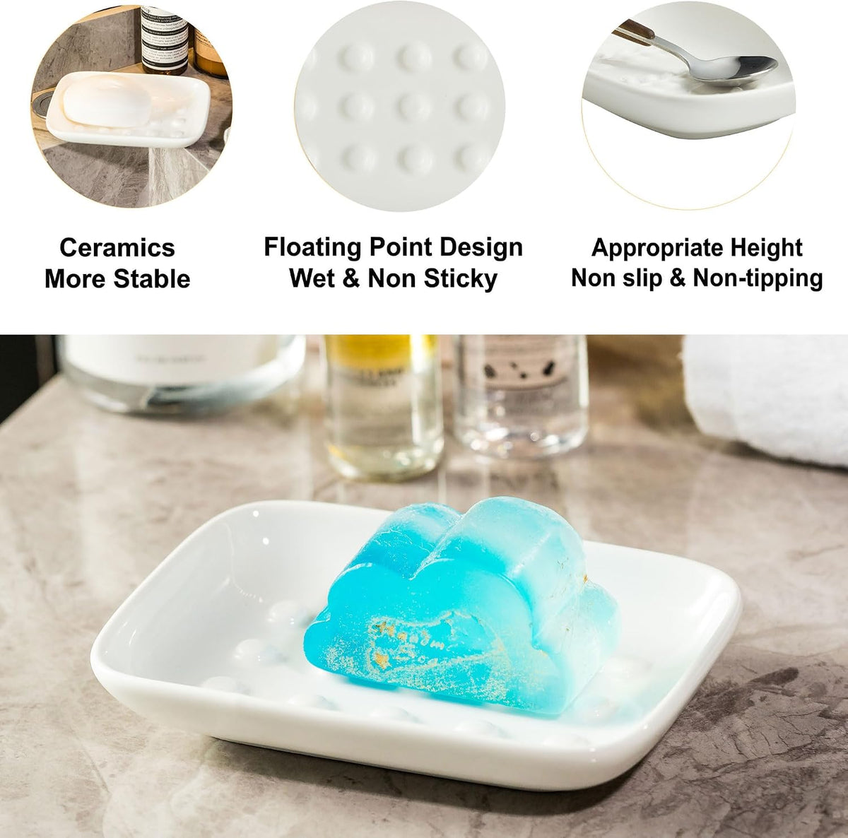 Miamolo Soap Dish, Ceramic Soap Holder Shower Soap Dish for Bar Soap Sponge, Soap Saver Tray for Bathroom Kitchen Sink, White