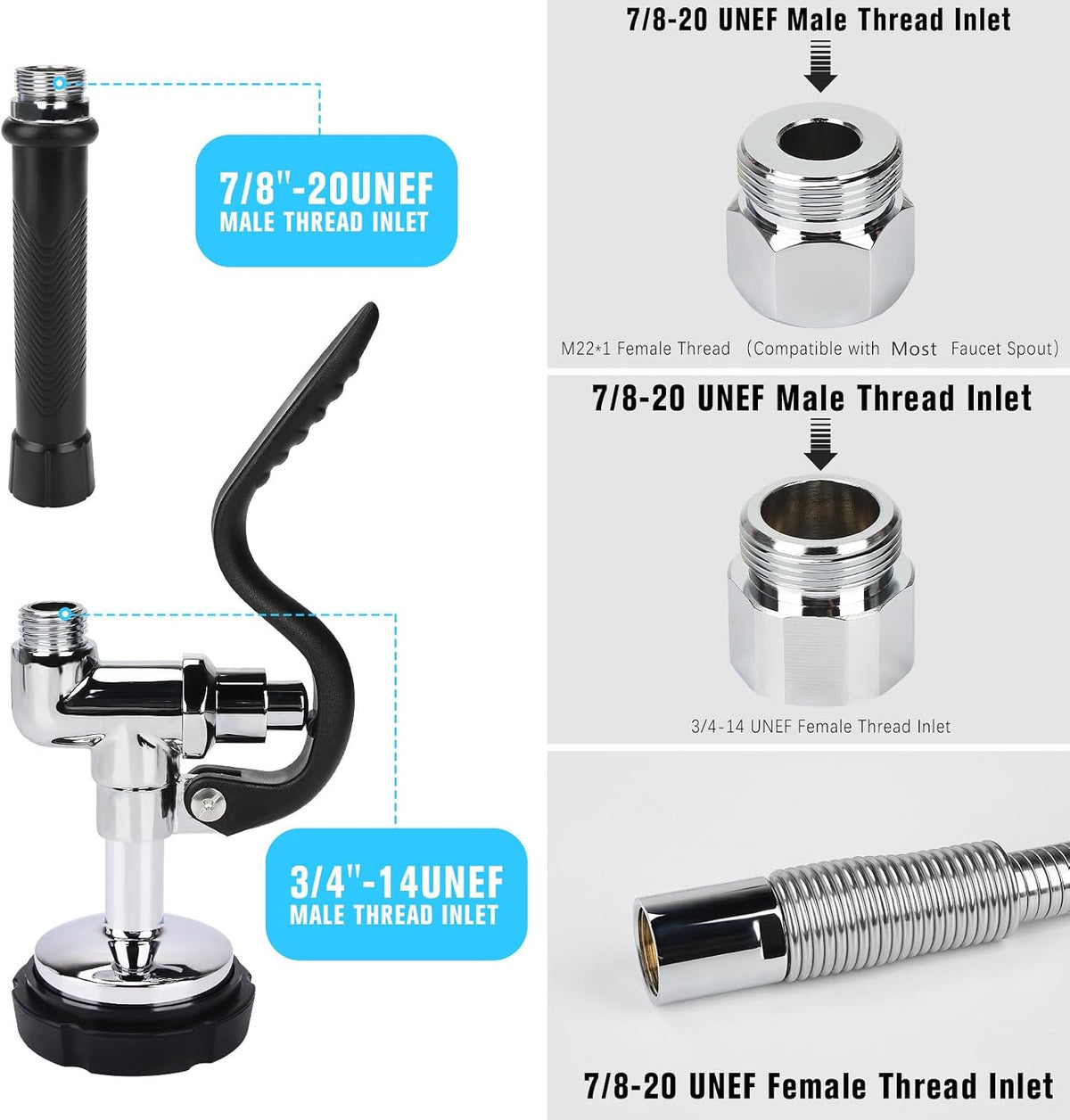 Spray Valve with 38" Flexible Stainless Steel Hose & Pre-Rinse Overhead Spring, Commercial Faucet Flexible Hose with Spray Head Replacement Kit for Commercial Restaurant Industrial Kitchen Sink Faucet