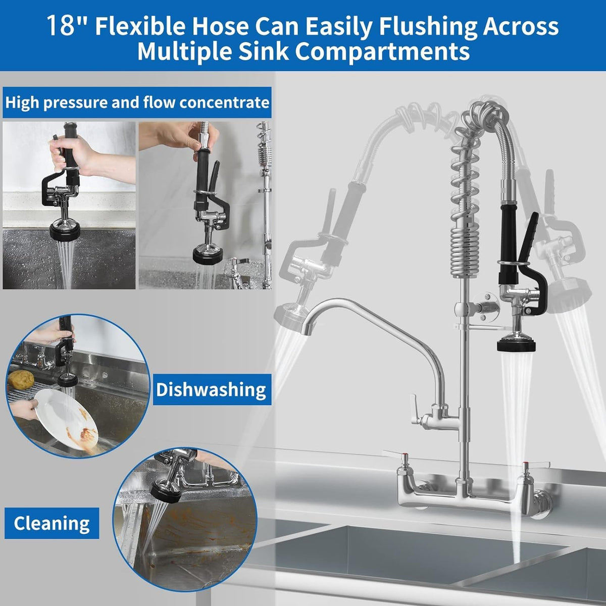 Commercial Wall Mount Kitchen Sink Faucet with Sprayer - 21"" Height 8 inch Center, Add-on 8"" Swing Spout Pre-Rinse Sprayer for 1 or 2 Compartment Sink, KH-KF-002