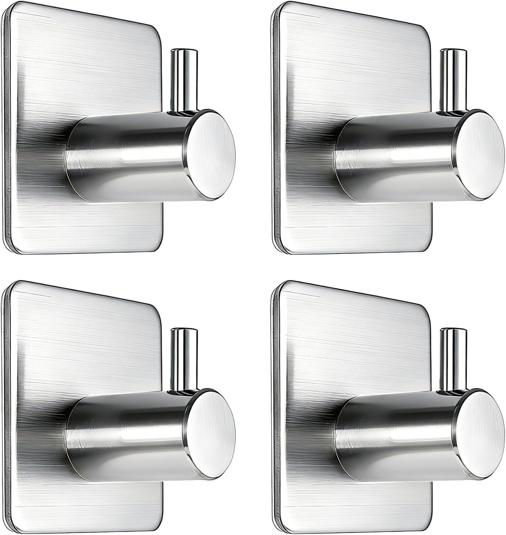 Fotosnow Adhesive Towel Hooks 15lbs Heavy Duty Wall Hooks Waterproof Stainless Steel Hanger for Hanging Coat, Hat, Towel Robe Hook Rack Wall Mount- Bathroom and Bedroom 4-Packs