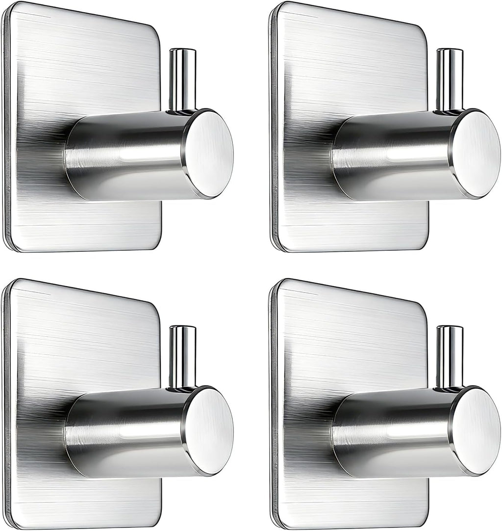 Fotosnow Adhesive Towel Hooks 15lbs Heavy Duty Wall Hooks Waterproof Stainless Steel Hanger for Hanging Coat, Hat, Towel Robe Hook Rack Wall Mount- Bathroom and Bedroom 4-Packs