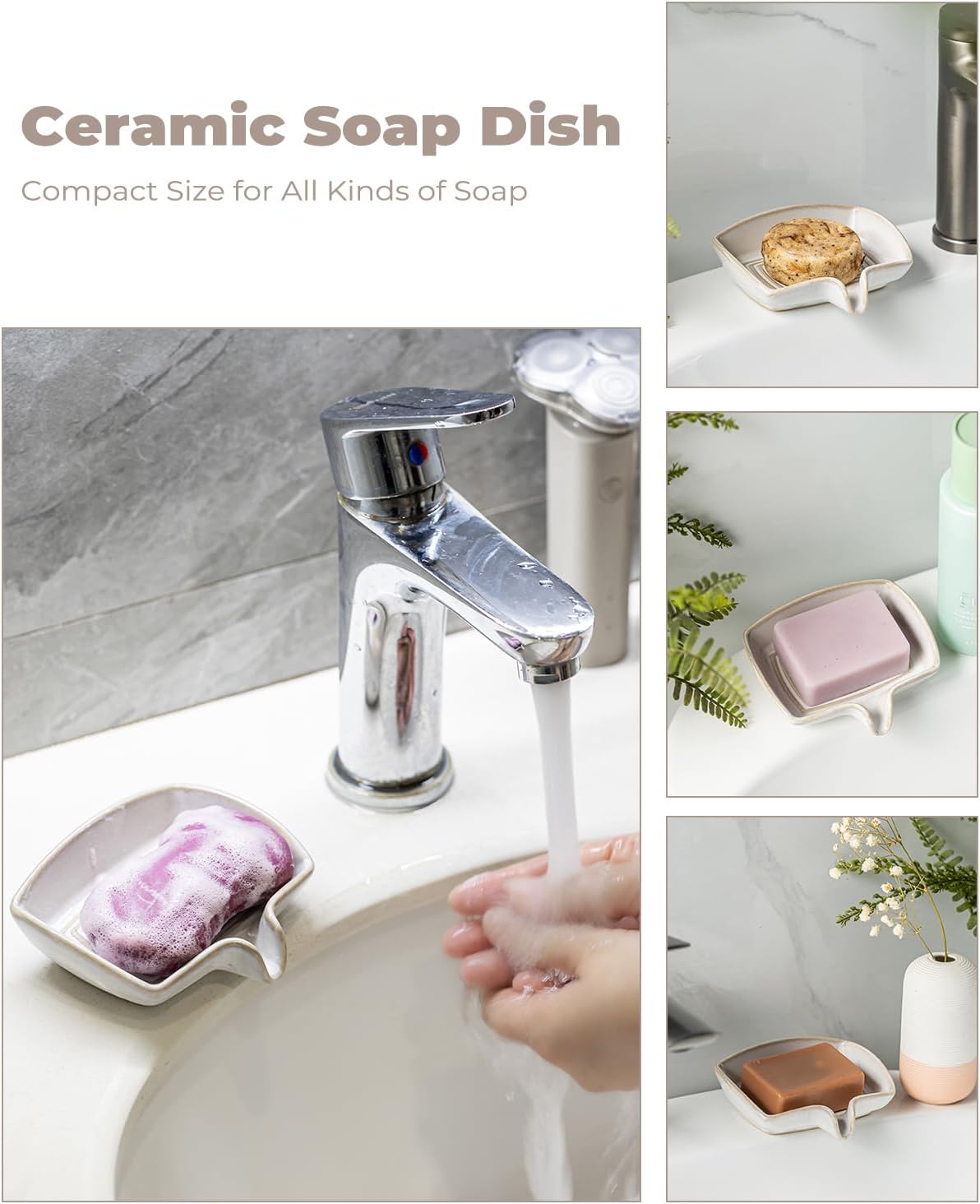 Zoeeker Self Draining Soap Dish, Ceramic Soap Holder with Waterfall Design