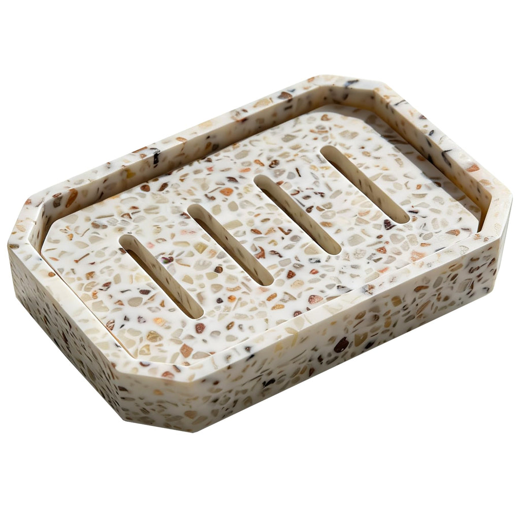 Drainable Soap Dish, Double Layer Resin Soap Holder with Marble-Look, Non-Slip Silicone Feet Soap Saver for Bathroom