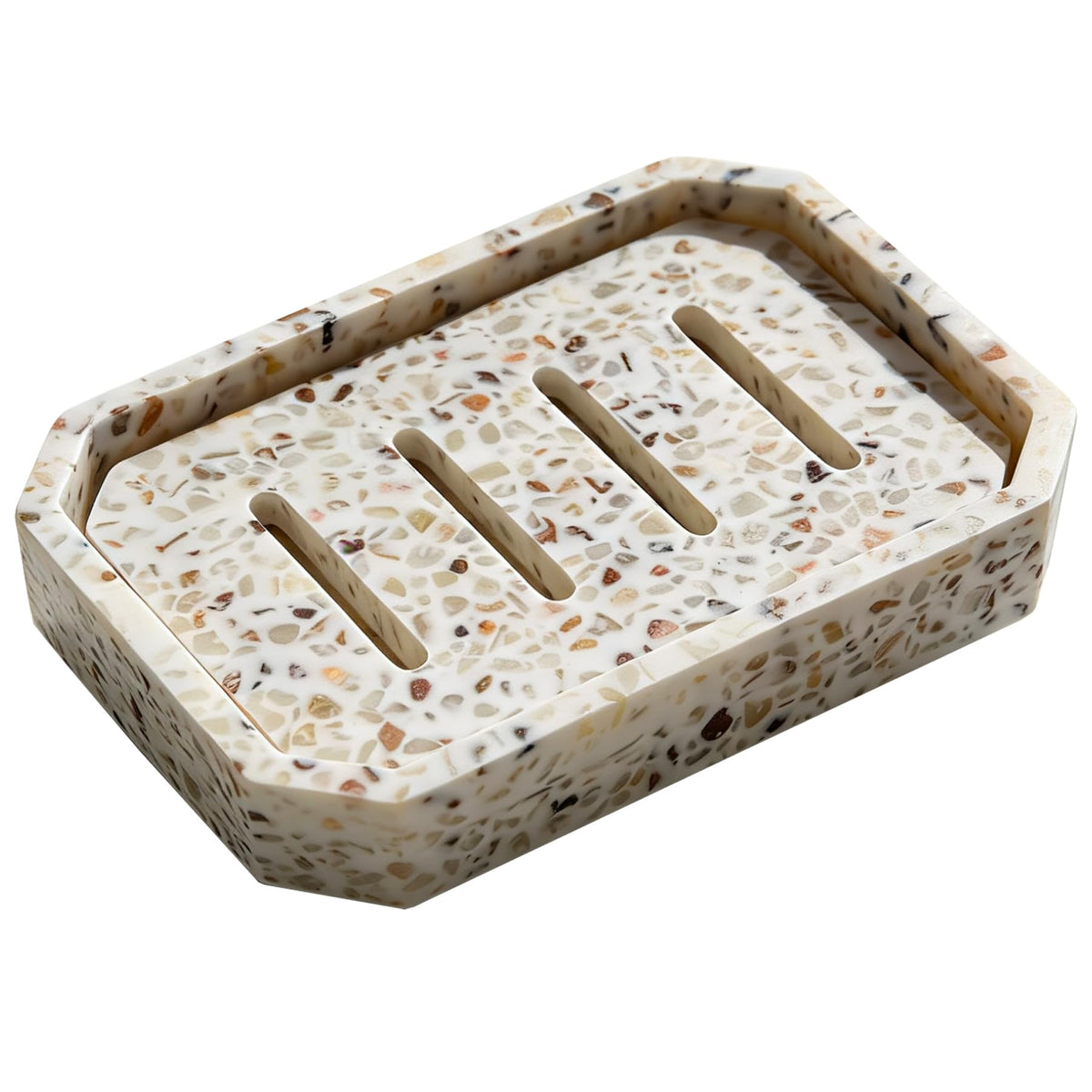 Drainable Soap Dish, Double Layer Resin Soap Holder with Marble-Look, Non-Slip Silicone Feet Soap Saver for Bathroom