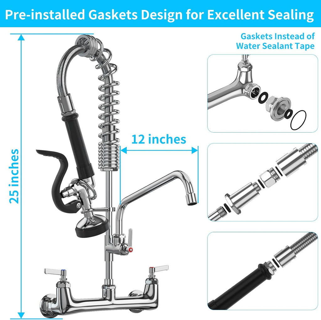 Commercial Faucet with Sprayer 8 Inch Center 25" Height Wall Mount Kitchen Sink Faucets Add On 12" Swing Spout & Pull Down Pre Rinse Sprayer for 1, 2 or 3 Compartment Sink (Polished Chrome)