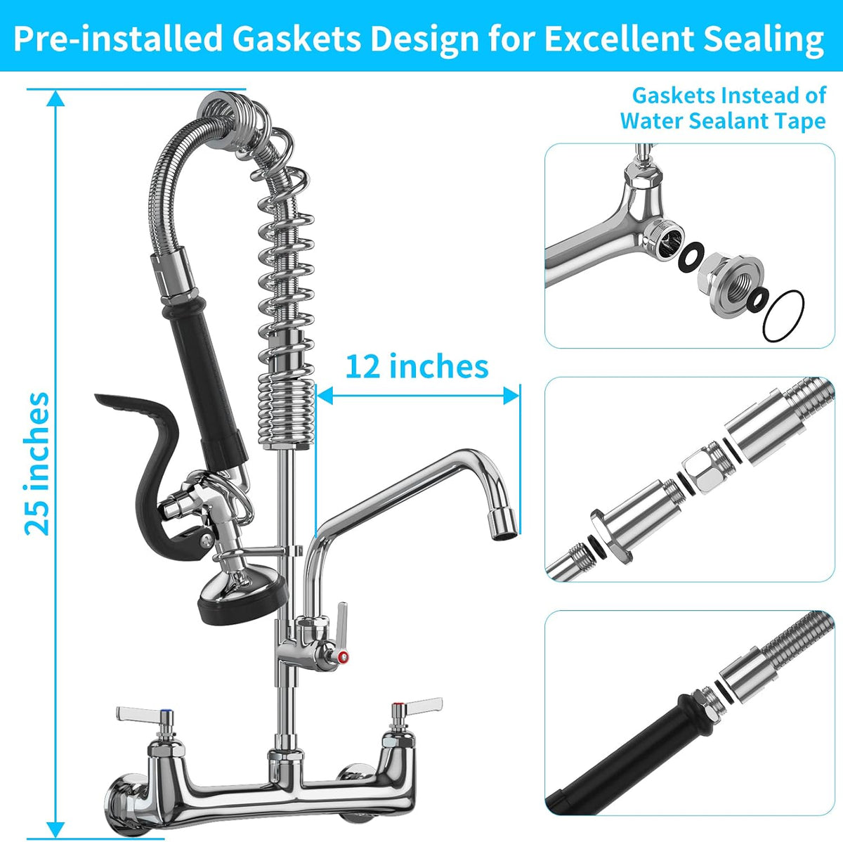 Commercial Faucet with Sprayer 8 Inch Center 25" Height Wall Mount Kitchen Sink Faucets Add On 12" Swing Spout & Pull Down Pre Rinse Sprayer for 1, 2 or 3 Compartment Sink (Polished Chrome)