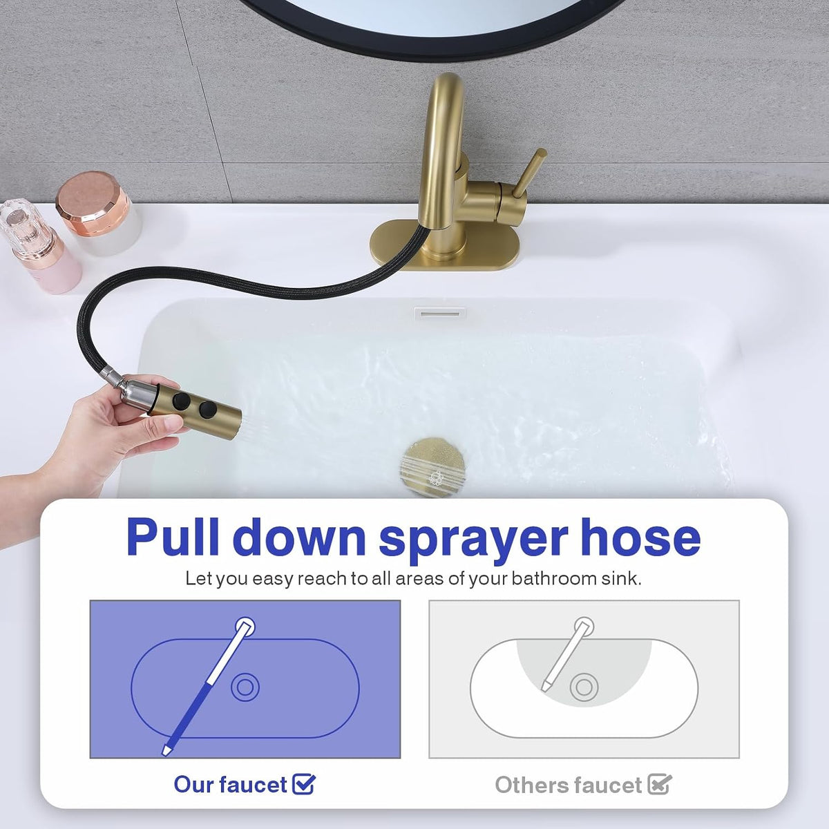 Bathroom Faucet with Sprayer, Brushed Gold Single Hole with Pop-Up Drain
