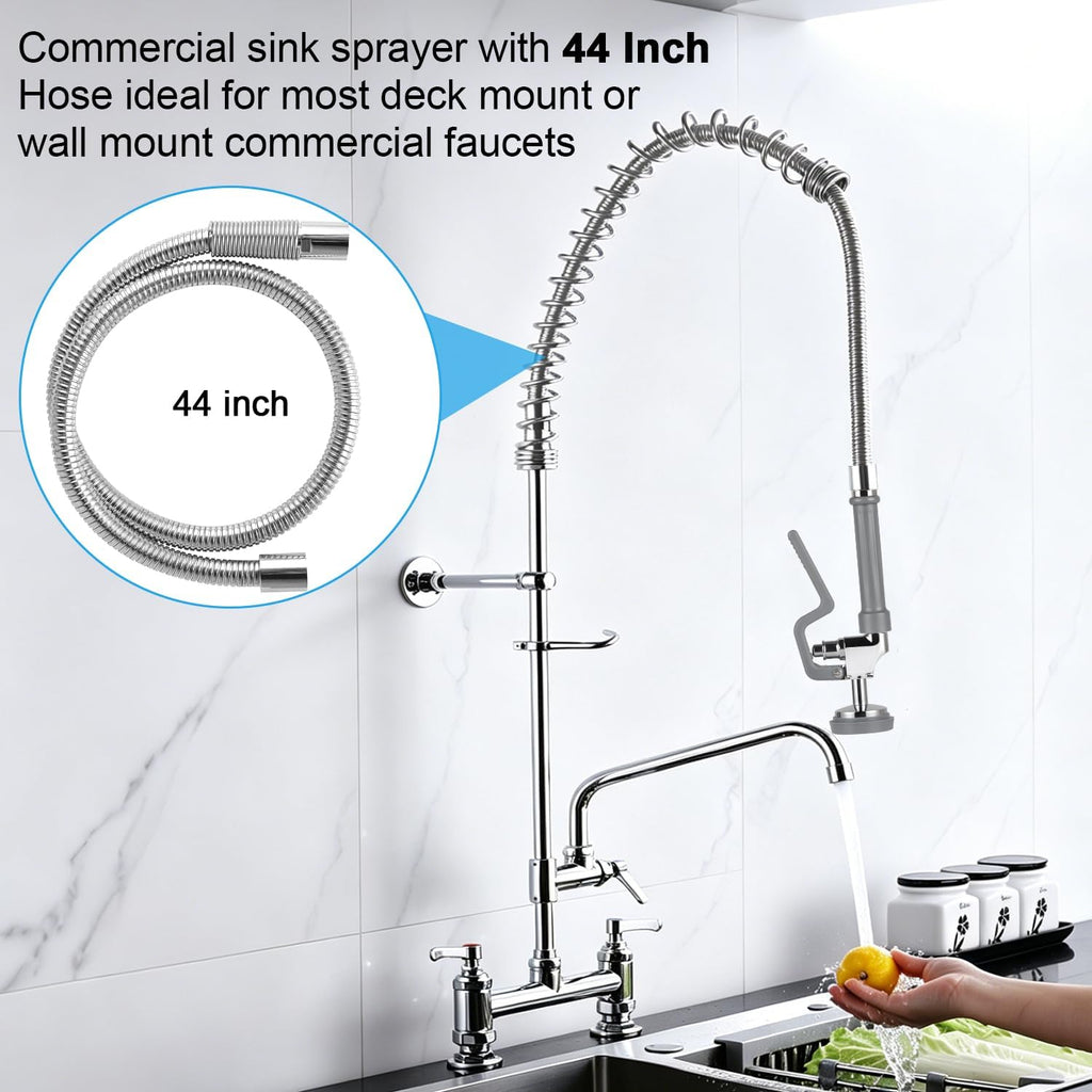 44” Pre Rinse Hose with Sprayer Valve, 1.42 GPM Commercial Sink Sprayer with Stainless-Steel Hose Replacement Kit for Commercial Restaurant Kitchen Faucet - Grey