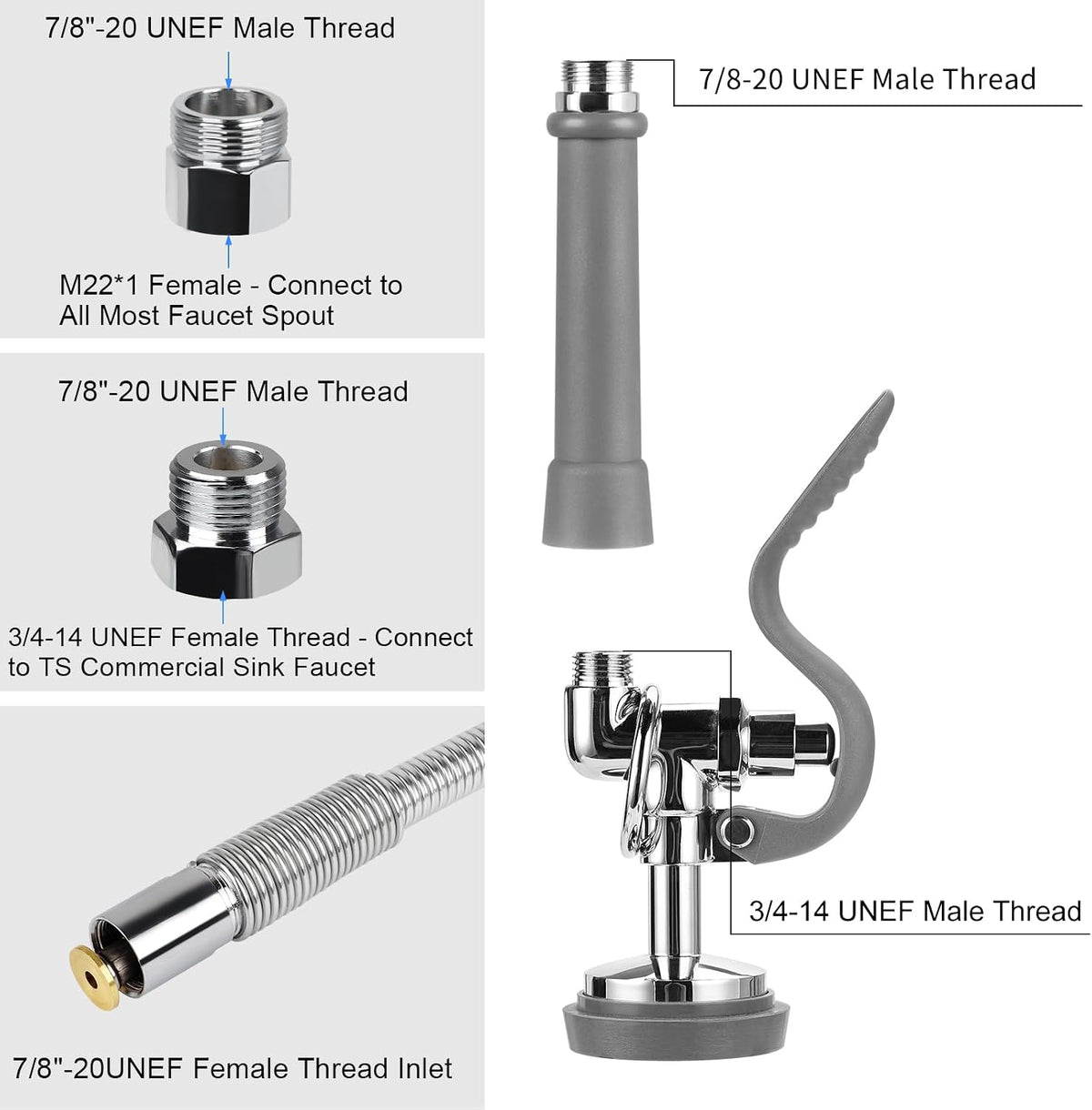 Pre Rinse Spray Valve with 60'' Stainless Hose Commercial Sink Faucet with Sprayer Nozzle Head with Flexible Hose Replacement Kit for Dishwasher Restaurant Wall Mount Kitchen Industrial- Gray