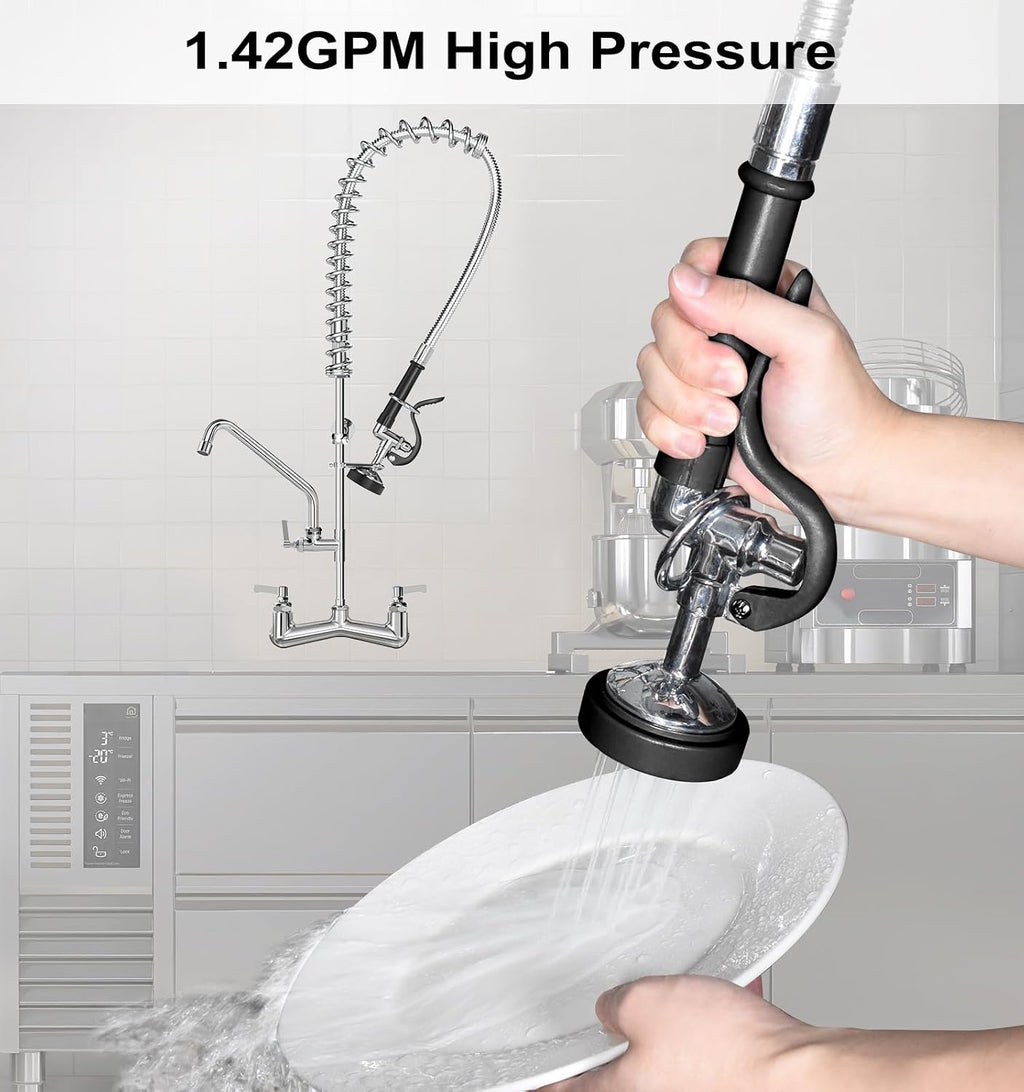Pre Rinse Sprayer Commercial with 45” Stainless Steel Hose, 1.42 GPM Commercial Sink Sprayer, High-Pressure Dish Spray for Restaurant Use, Sink Spray Nozzle with Adapters (Black)