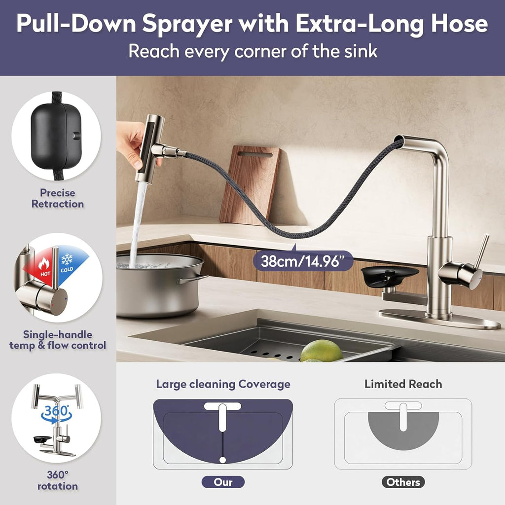 HOWUWEY Brushed Nickel Kitchen Faucet with Pull Down Sprayer & Cup Washer