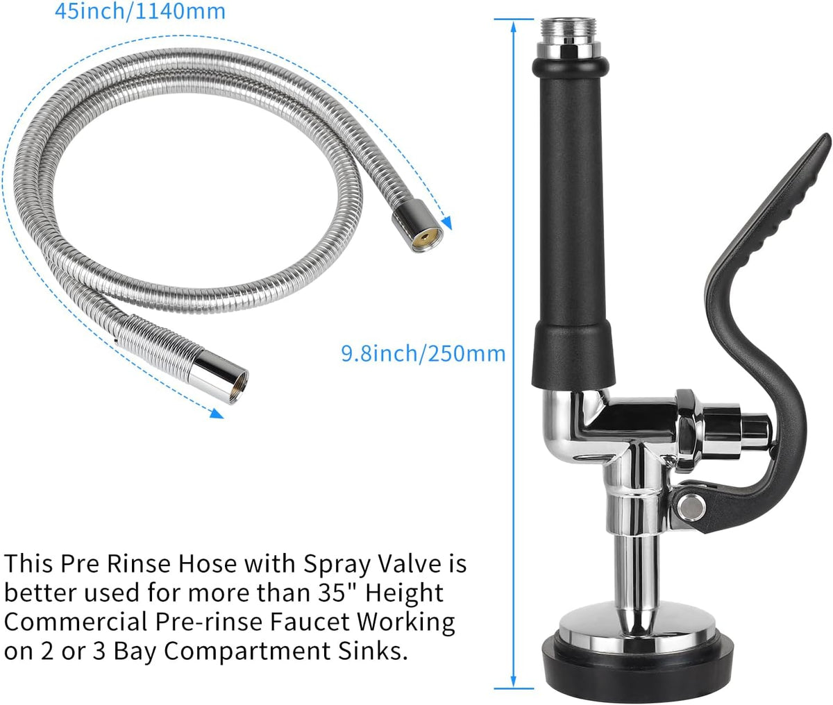 Pre-rinse Hose with Spray Valve, 45” Flexible Stainless Steel Hose with Black Pre Rinse Sprayer Head Assembly for Commercial Industrial Restaurant Kitchen Sink Faucet (3 Adapters Included)