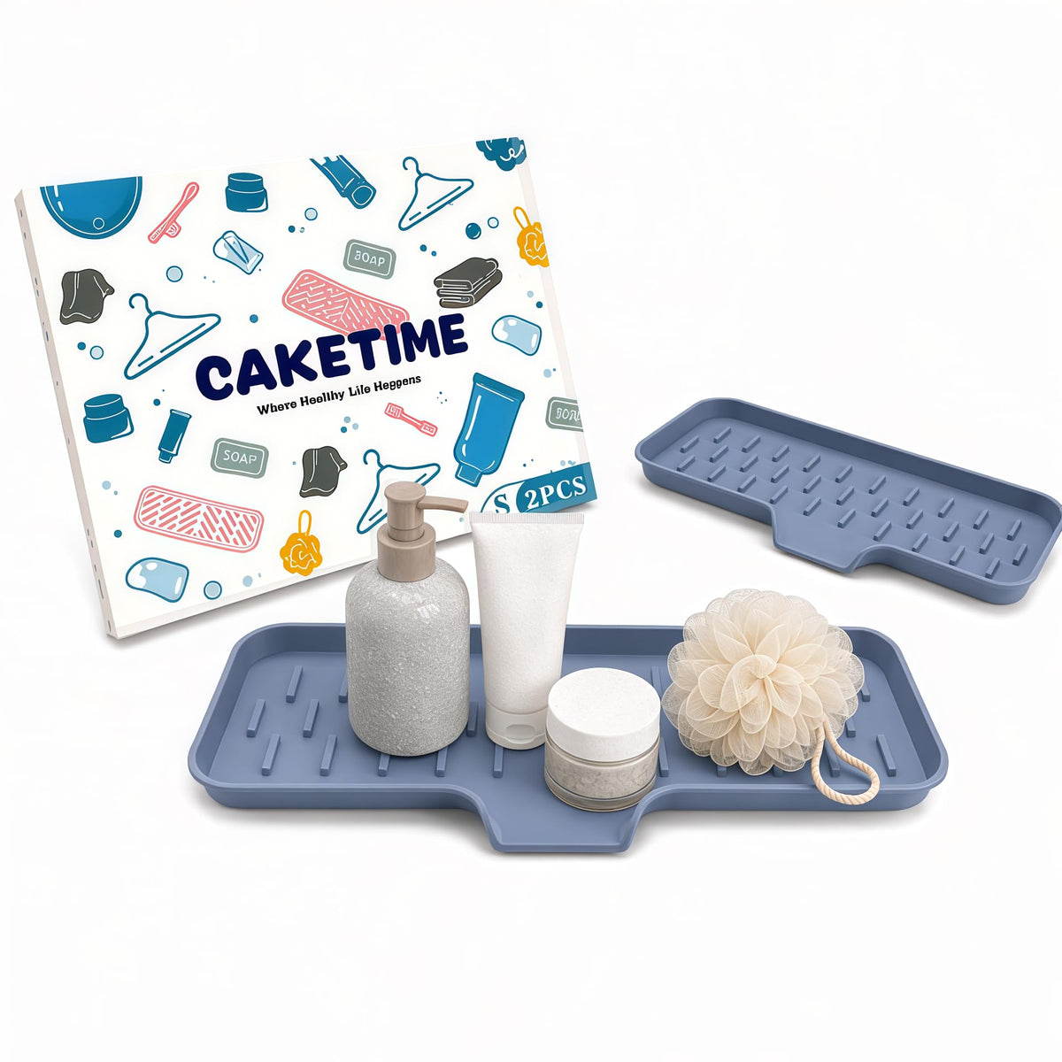CAKETIME 2 Pack Silicone Soap Dish with Drainage Holes for Bathroom Shower Caddy Kitchen Counter Bar Sponge Holder Drying Rack Sink Organizer Essentials Apartment Home Household Must Haves 2026