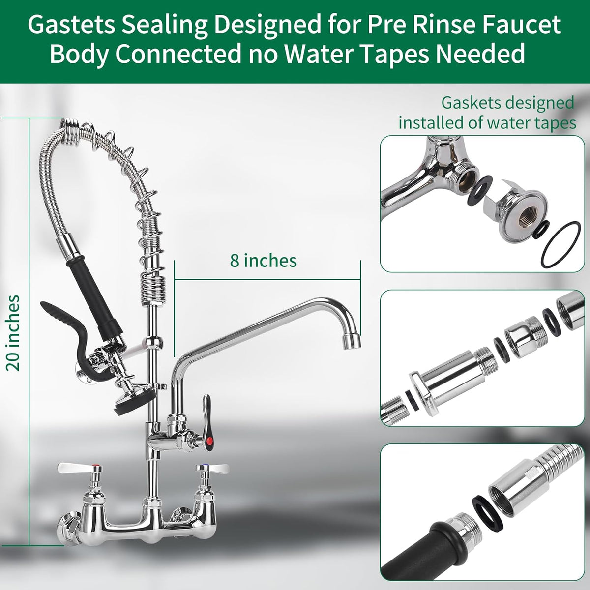 Commercial Kitchen Faucet Wall Mount with Pre Rinse Sprayer, 25" Height 8" Adjustable Center Wall Mount Restaurant Sink Faucet with 12" Swivel Add-on Spout and Pull Down Sprayer