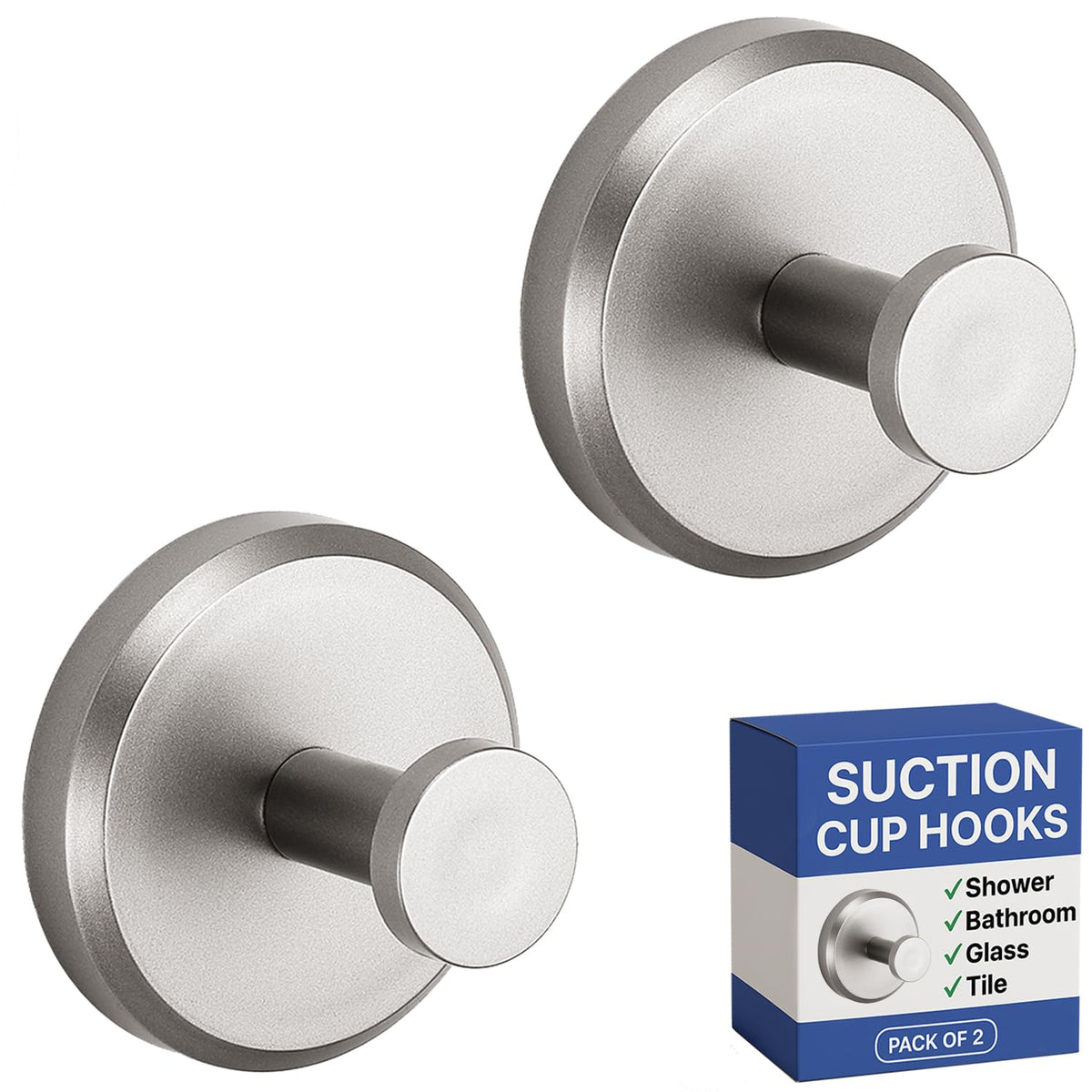 HOME SO Suction Cup Hooks for Shower & Bathroom Towel Holder 2-Pack Chrome