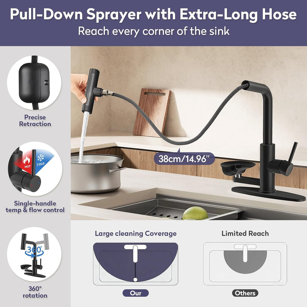 HOWUWEY Black Kitchen Faucet with Pull Down Sprayer & Cup Washer