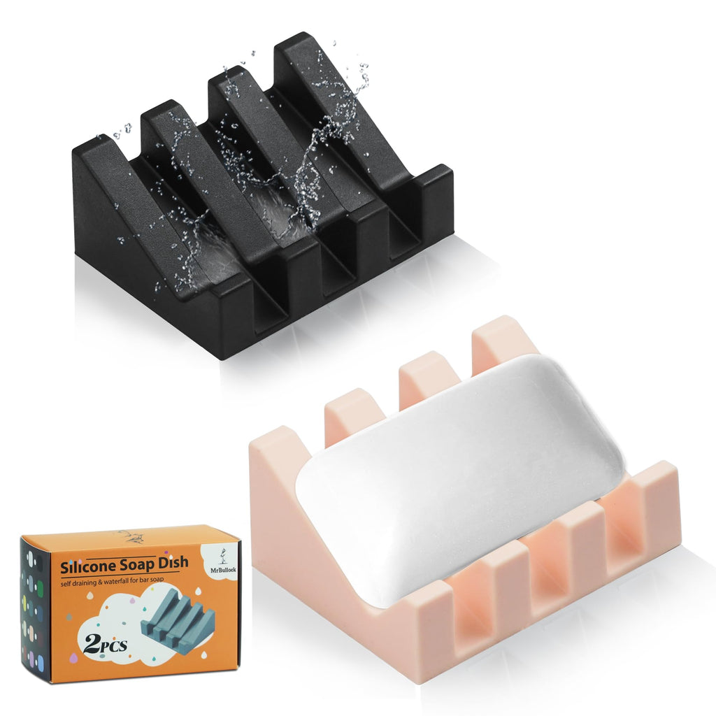 Self Draining Silicone Soap Dish Holder Waterfall Tray, 2 Pack Black