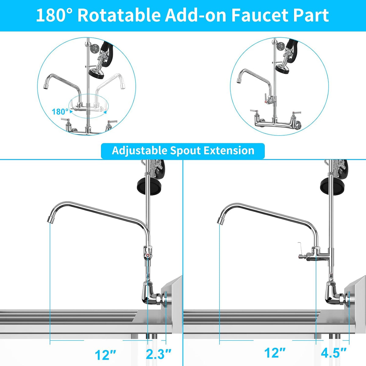 Commercial Faucet with Sprayer 8 Inch Center 25" Height Wall Mount Kitchen Sink Faucets Add On 12" Swing Spout & Pull Down Pre Rinse Sprayer for 1, 2 or 3 Compartment Sink (Polished Chrome)