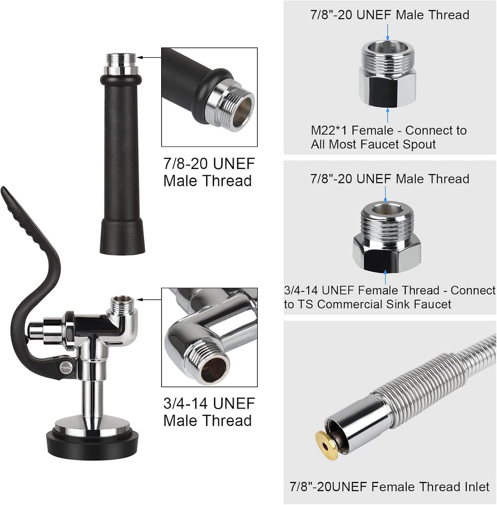 Pre Rinse Spray Valve with 45" Flexible Hose KANONEY Stainless Steel Hose 1.42 GPM Commercial Sink Sprayer Nozzle Head Replacement Kit for Dish Industrial Restaurant Kitchen Faucets, Black