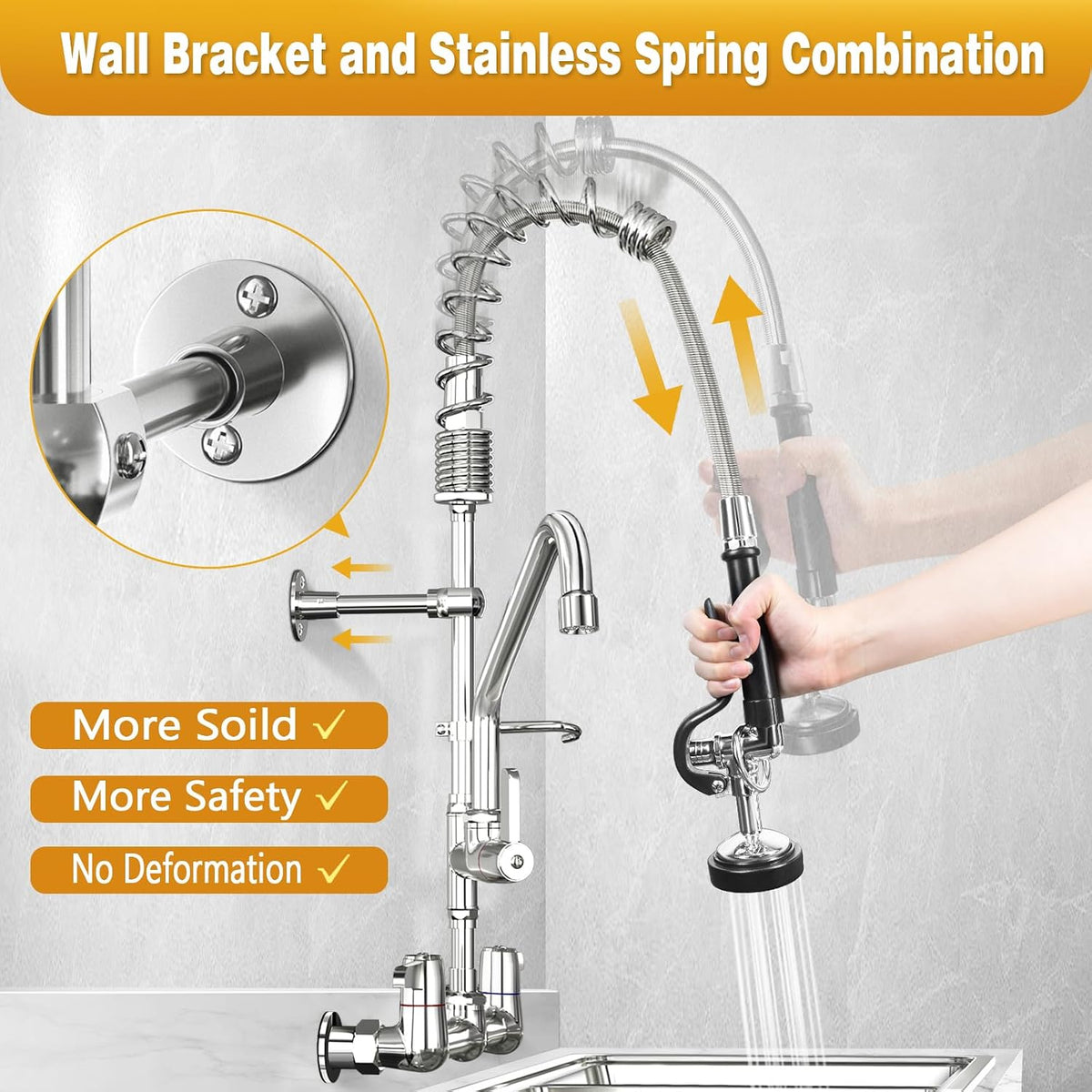 Commercial Kitchen Faucet with Sprayer for Restaurant-Chefs: BESTJEEF Commercial Sink Faucet for Cook - 25" Height 8" Center Wall Mount Kitchen Faucet with Stainless Spring Spray and 10" Add-On Spout