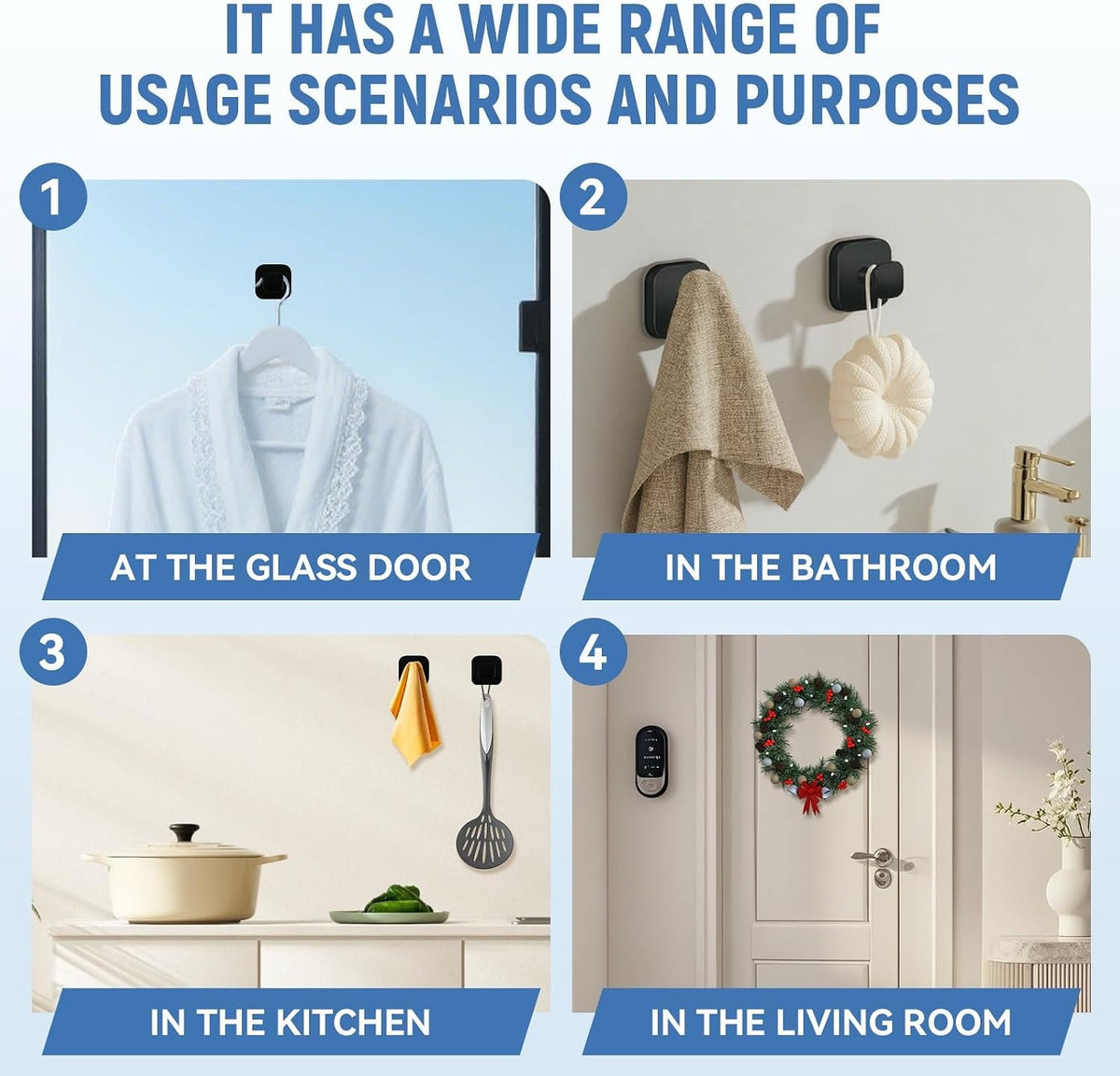Suction Cup Hooks 4 Pack‑ Heavy‑Duty Shower Suction Hooks (Max Load 15 lbs), Removable Waterproof Towel Hooks for Shower Wall, Bathroom Glass, Window & Kitchen (Black)