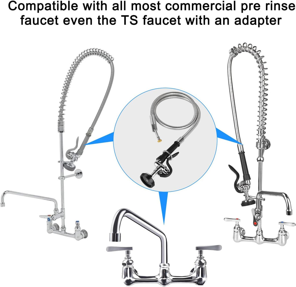Pre-rinse Hose with Spray Valve, 45” Flexible Stainless Steel Hose with Black Pre Rinse Sprayer Head Assembly for Commercial Industrial Restaurant Kitchen Sink Faucet (3 Adapters Included)