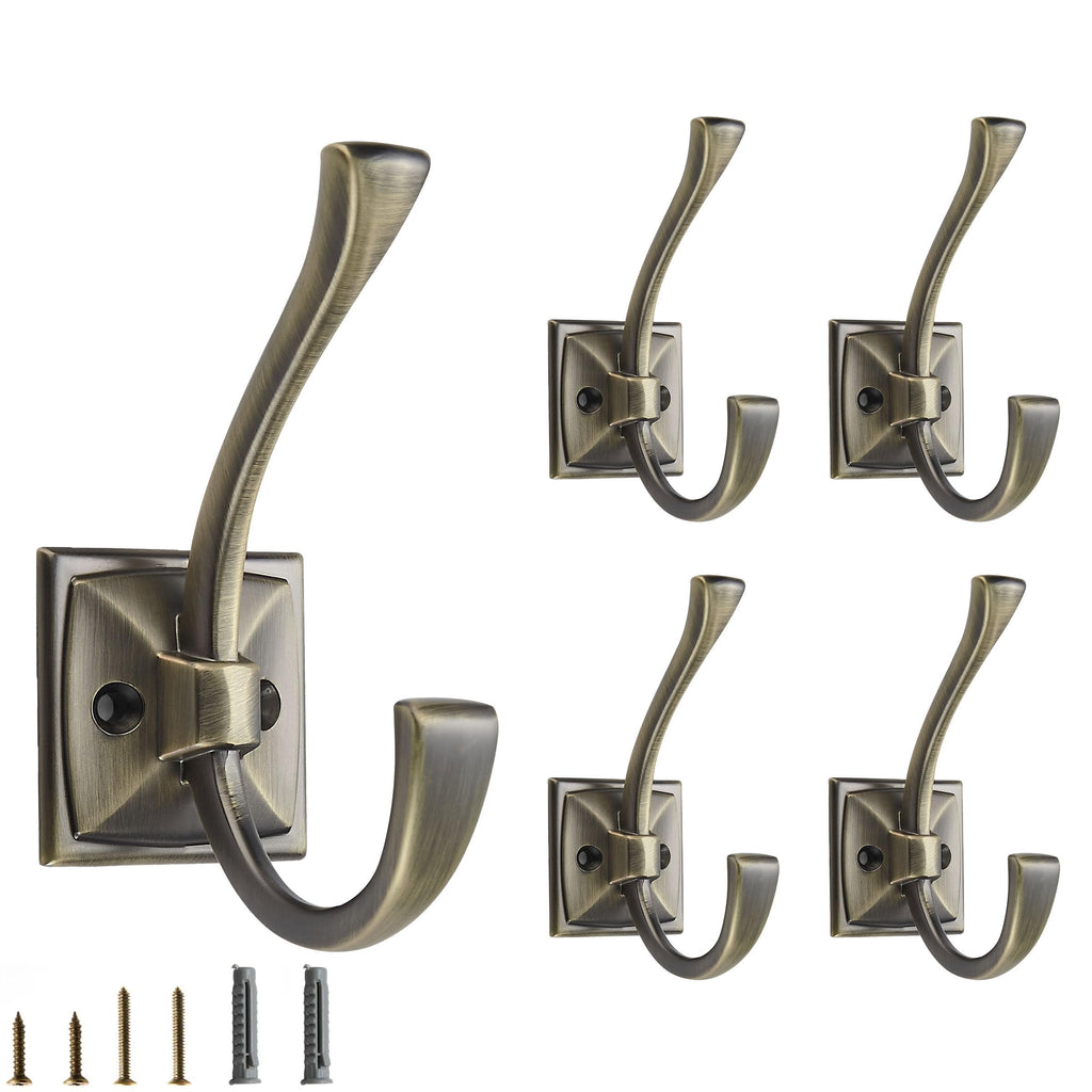 5 Pack Decorative Heavy Duty Towel Hooks for Hanging Robe Double Oil Rubbed Bronze Coat Hooks Wall Mounted with Screws for Key, Towel, Bags, Cup, Hat