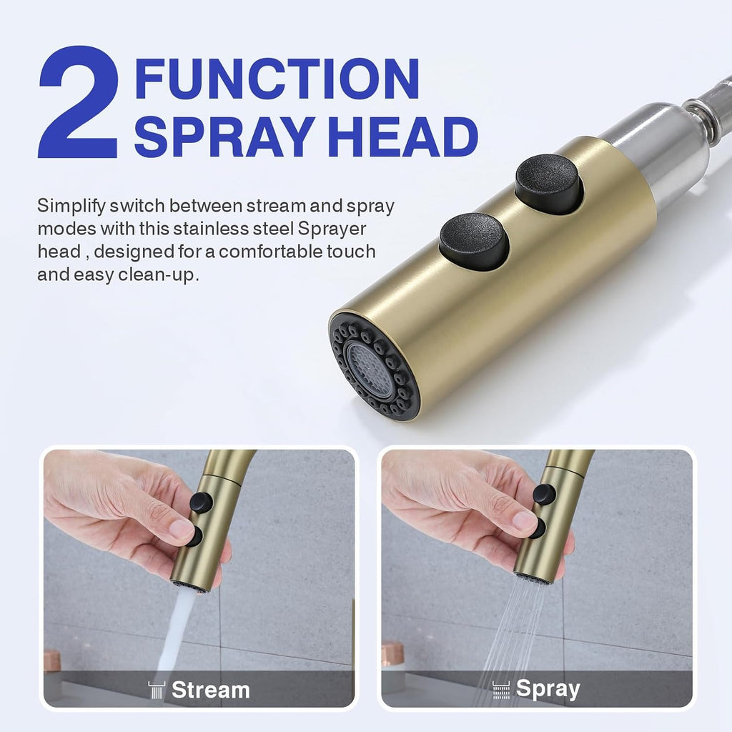 Bathroom Faucet with Sprayer, Brushed Gold Single Hole with Pop-Up Drain