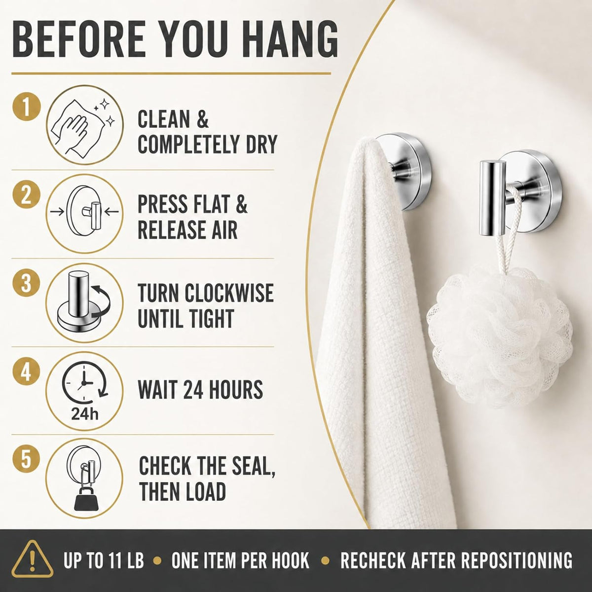 Suction Cup Hooks for Shower - Bathroom Reusable Towel Hooks