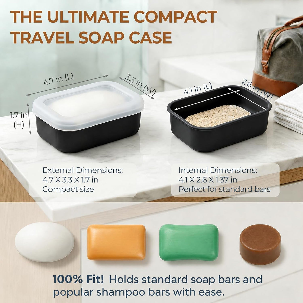 AIMAIAIMAI Enhanced Leak Proof Travel Soap Case, Compact Silicone Travel Soap Dish with Drainage Pad, Great for Gym, Camping, Bussines Trip (Black)
