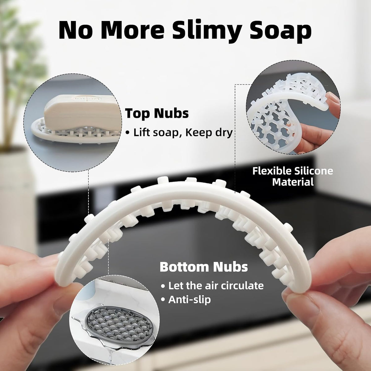 2 Pack Soap Dish for Shower, Non-Slip Silicone Bar Soap Holder with Efficient Drainage Holes for Bathroom Sink, Self Draining Soaps Saver Pad for Shower Niche, Shelf (White- 2Pcs)