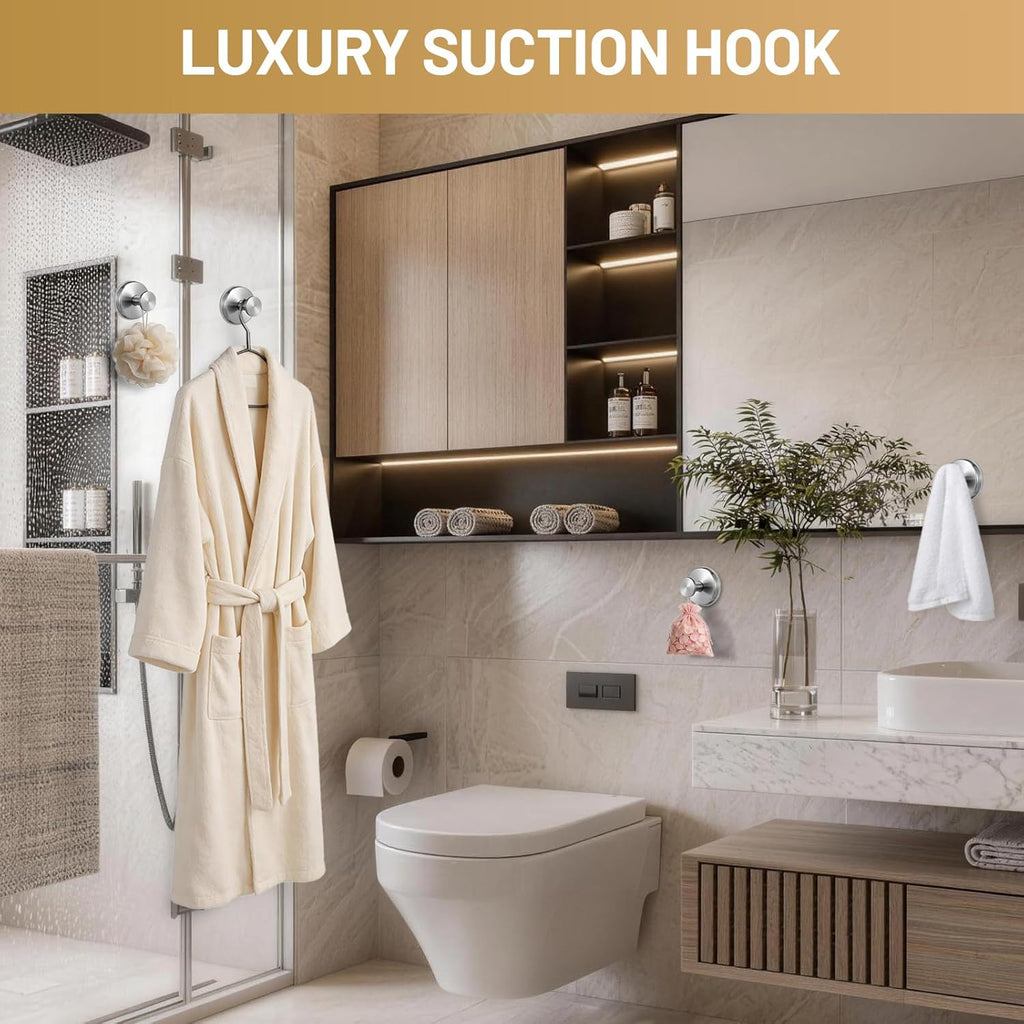 Large Suction Cup Hooks, Heavy Duty 15lb Holds Towel & Robe, No-Drill Shower Bathroom Hooks for Tile Wall Glass Mirror, Mounts on Smooth Non-Porous Surfaces (2 Pack, Brushed Nickel)