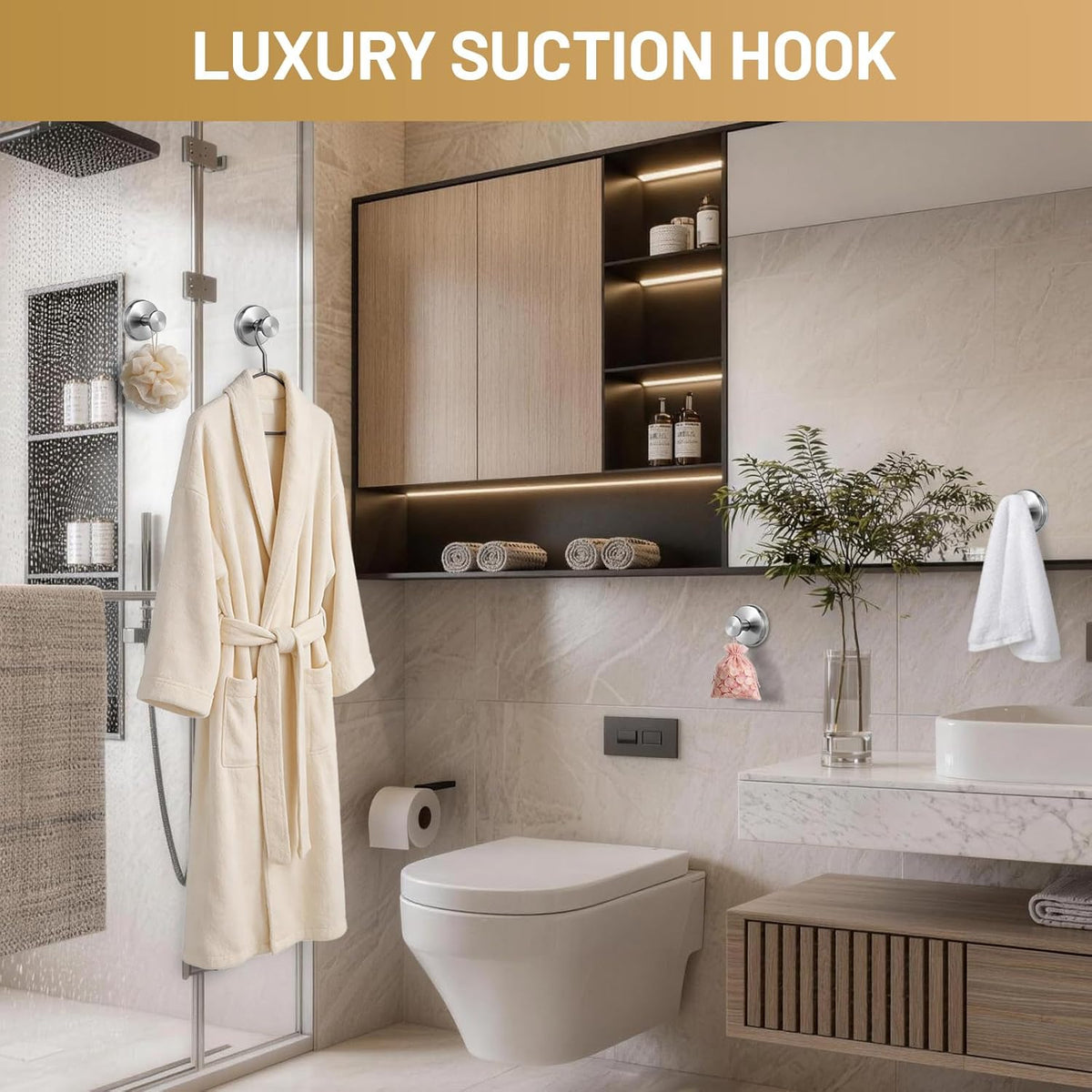 Large Suction Cup Hooks, Heavy Duty 15lb Holds Towel & Robe, No-Drill Shower Bathroom Hooks for Tile Wall Glass Mirror, Mounts on Smooth Non-Porous Surfaces (2 Pack, Brushed Nickel)