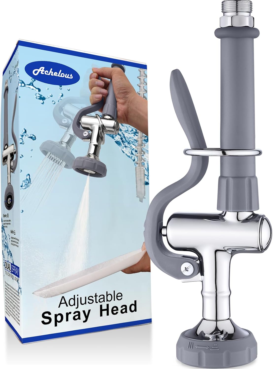 Achelous Pre Rinse Sprayer Commercial Adjustable Dual Jet & Mist Function Sink Sprayer Replacement for Restaurant, Hotel, Coffee Shop and Other Heavy-Duty Professional Kitchens, Brass Chrome (Grey)