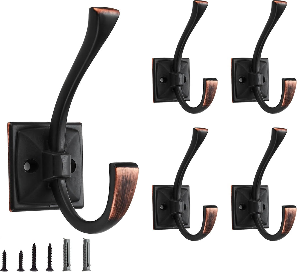 5 Pack Decorative Heavy Duty Towel Hooks for Hanging Robe Double Oil Rubbed Bronze Coat Hooks Wall Mounted with Screws for Key, Towel, Bags, Cup, Hat