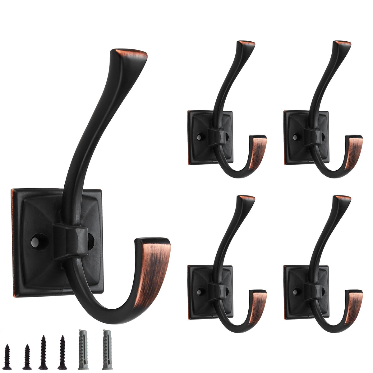 5 Pack Decorative Heavy Duty Towel Hooks for Hanging Robe Double Oil Rubbed Bronze Coat Hooks Wall Mounted with Screws for Key, Towel, Bags, Cup, Hat