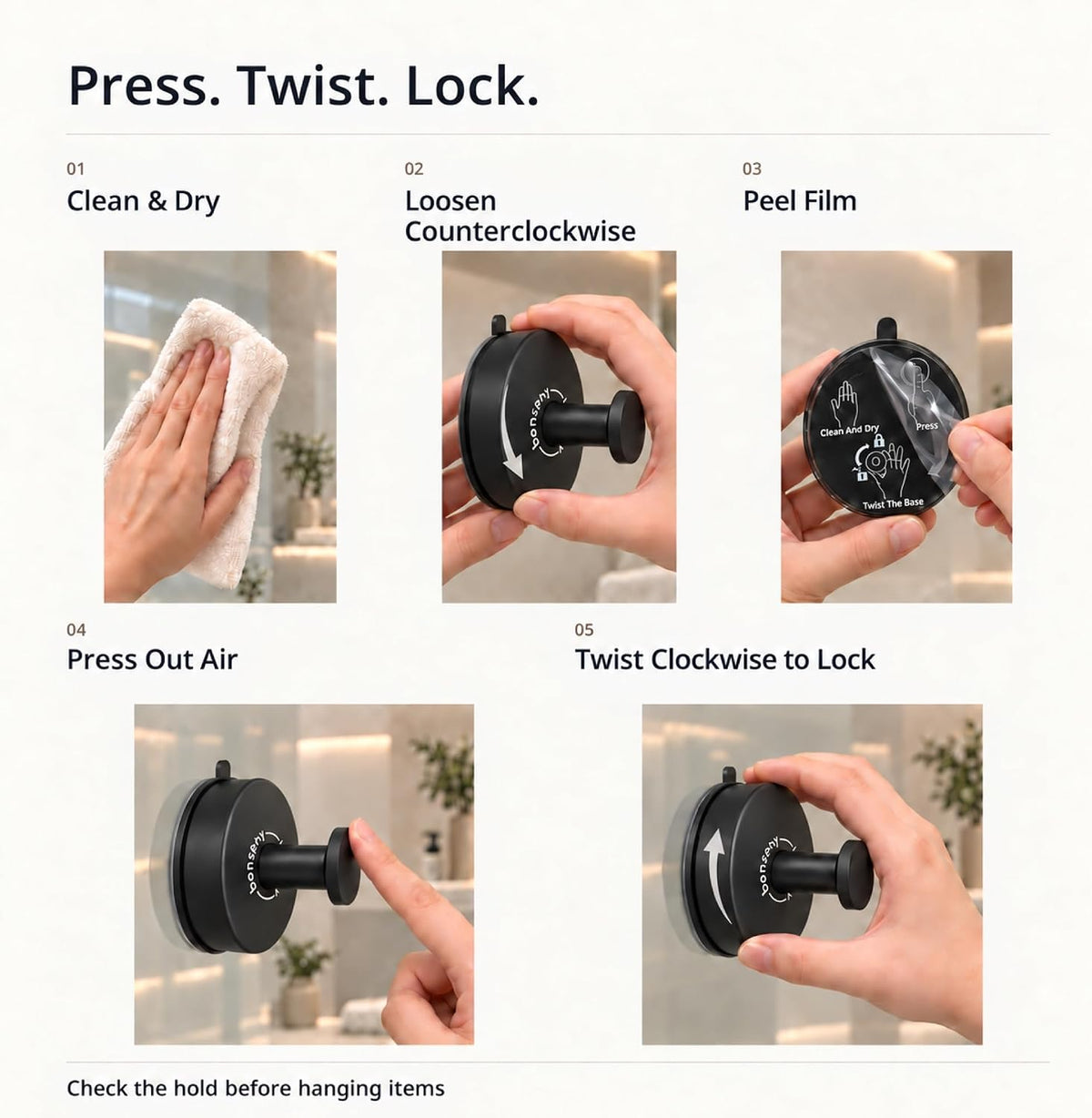 Suction Cup Shower Hooks for Bathroom, Matte Black, 2 Pack