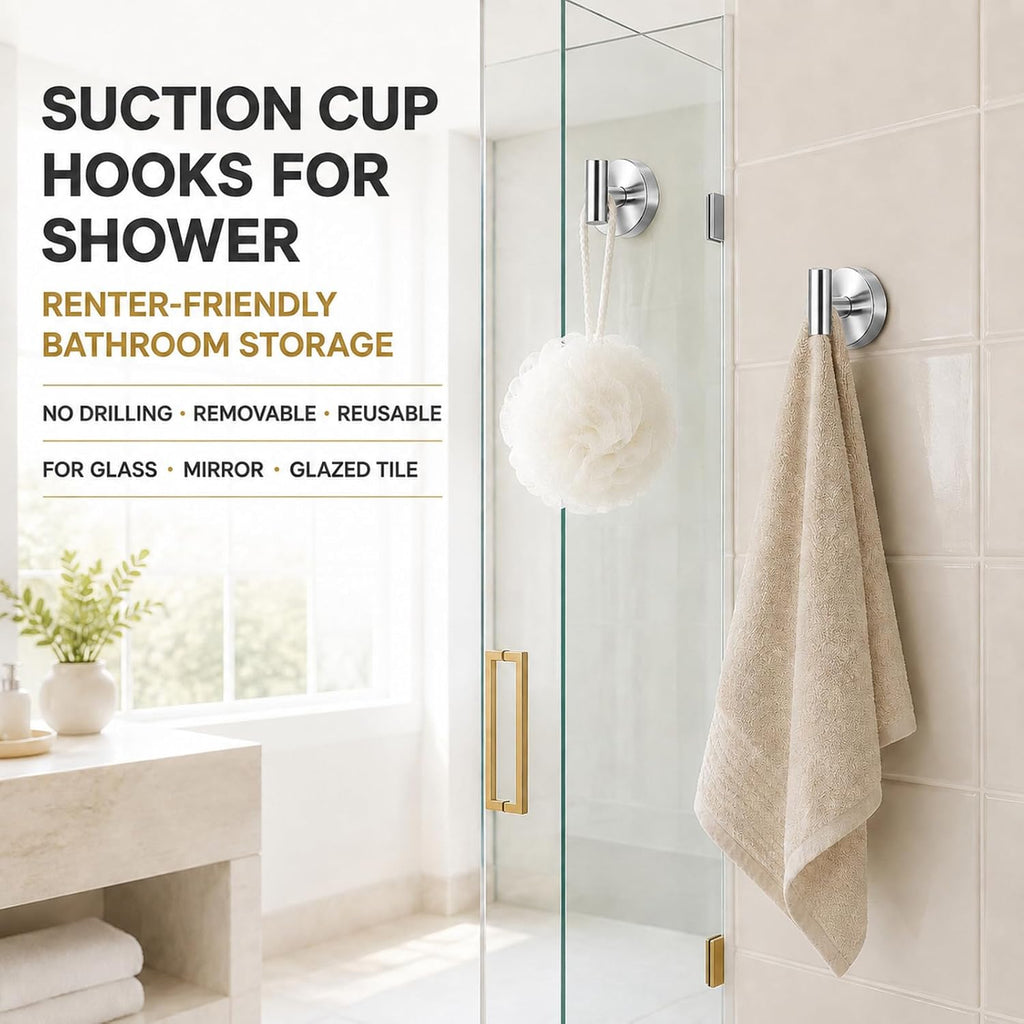 Suction Cup Hooks for Shower - Bathroom Reusable Towel Hooks