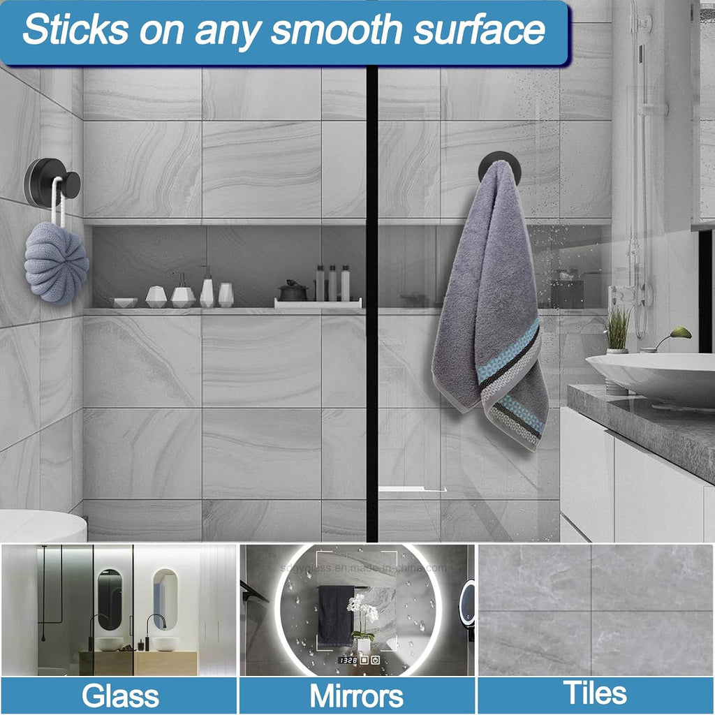 Vacuum Suction Cup Hooks for Shower, Shower Hooks for Inside Shower Glass Window, Mirror, No Drill Towel Hooks for Bathrooms, Bath Robe Coat Looafh Wreath Hook for Hanging - 2 Pack, Black
