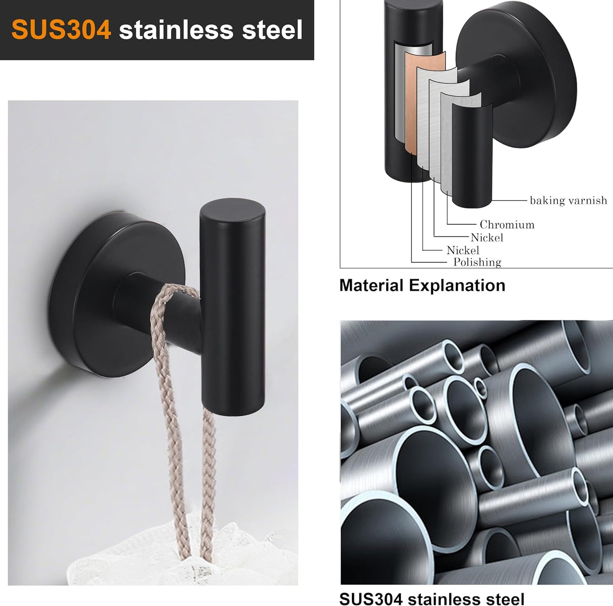 Nolimas Towel Coat Hook Matte Black SUS304 Stainless Steel Bathroom Clothes Cabinet Closet Sponges Robe Hook Wall Mounted Round Kitchen Heavy Duty Door Hanger 2 Packs