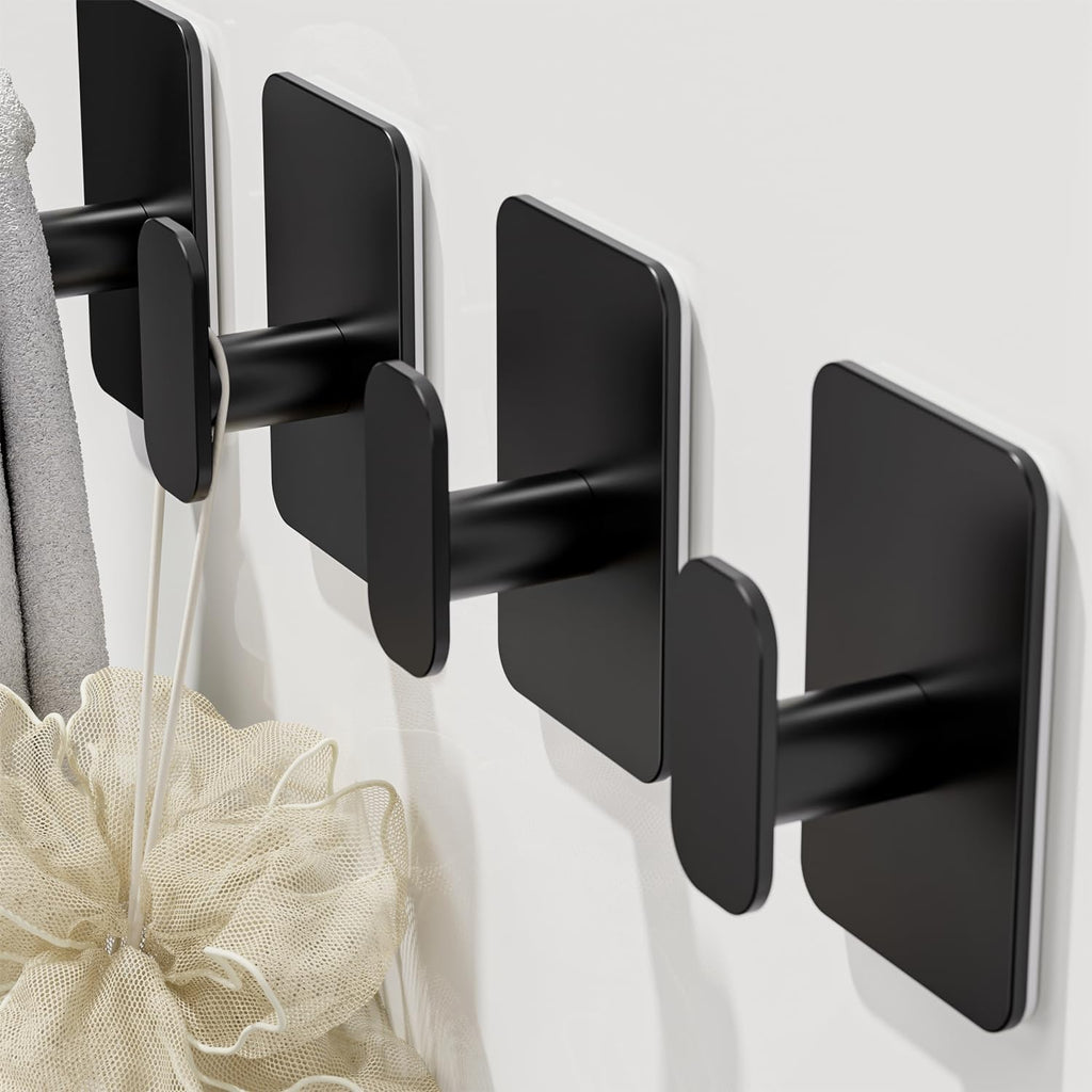 Large Heavy Duty Wall Hooks - 26lb Max, Stainless Steel Adhesive Towel Hooks for Hanging Towel, Coat, Robe, Hat, Sticky Towel Holder for Wall Mount in Bathroom, Shower, Kitchen (Black, 4 Pack)