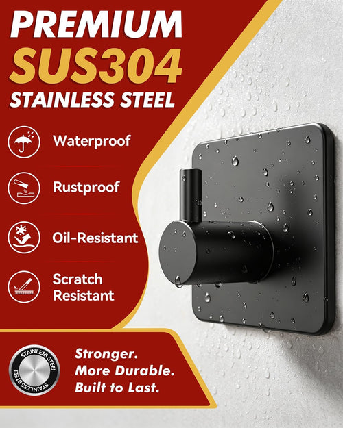 Auxmir Heavy Duty Adhesive Hooks, 5 Pack Stainless Steel Hooks 22 lb, Black