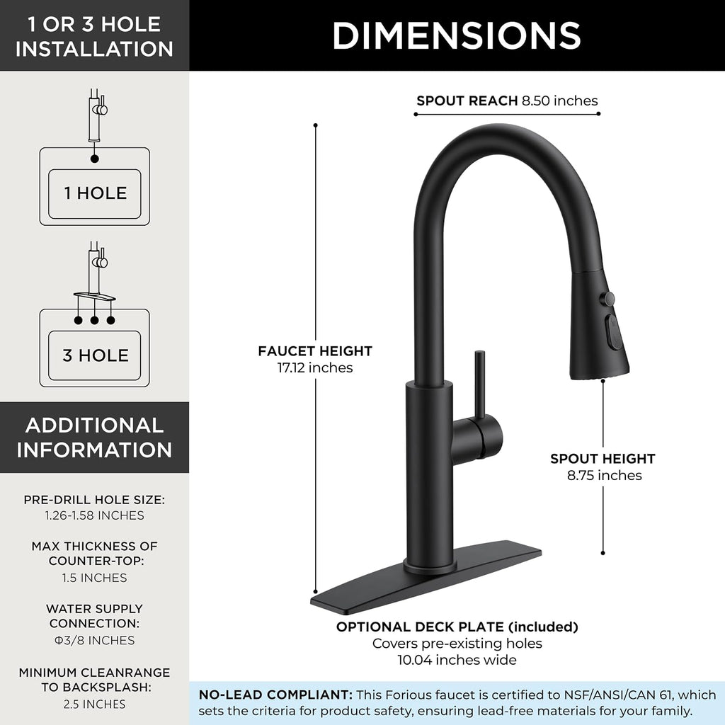 FORIOUS Black Kitchen Faucet with Pull Down Sprayer, High Arc Single Handle