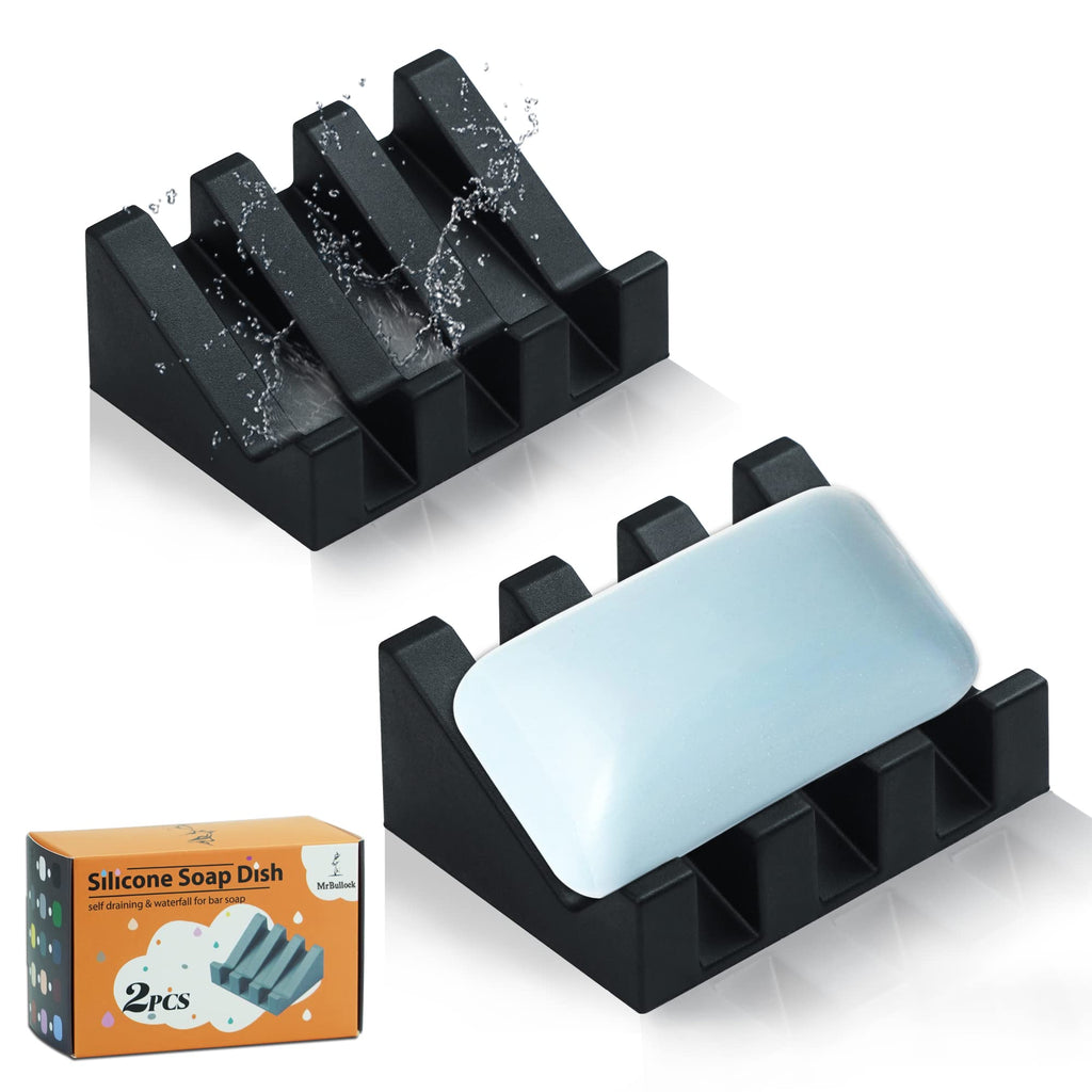 Self Draining Silicone Soap Dish Holder Waterfall Tray, 2 Pack Black