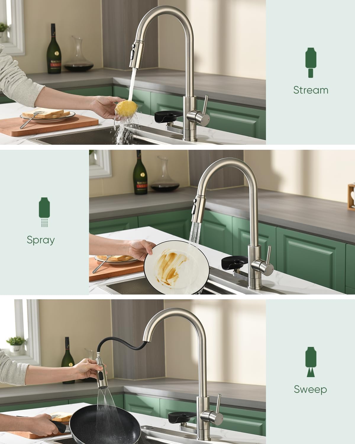 Kitchen Faucet with Cup Washer Pull Down Sprayer Stainless Steel Kitchen Sink Faucet with Deck Plate Glass Rinser Single Hole Brushed Nickel