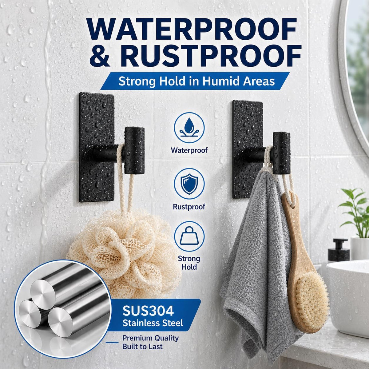 5 Pcs Towel Hooks Heavy Duty for Hanging，Adhesive Wall Hooks with Removable Strips，Sticky No Damage，Outdoor for Bathrooms，Shower，Stockings，Decor，Robe，X-Large，Black 304 Stainless Steel